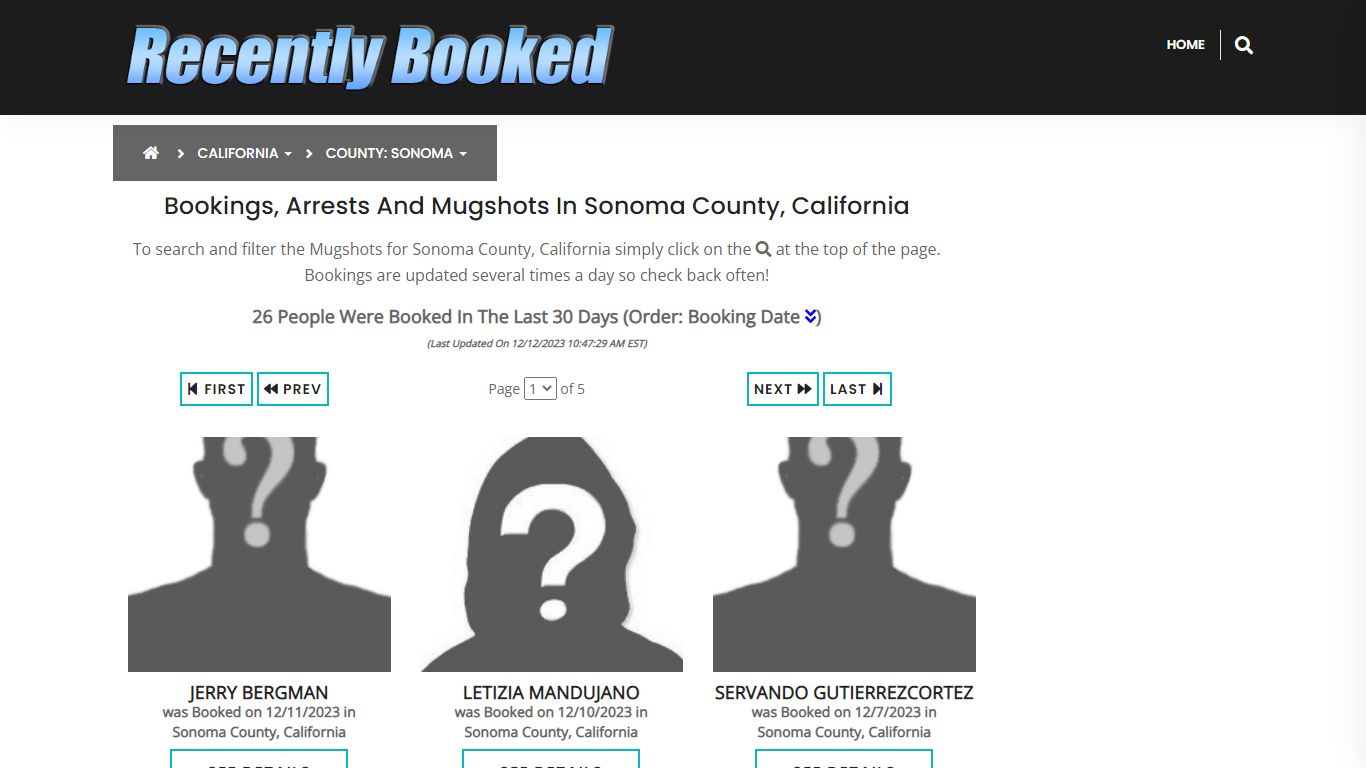 Bookings, Arrests and Mugshots in Sonoma County, California